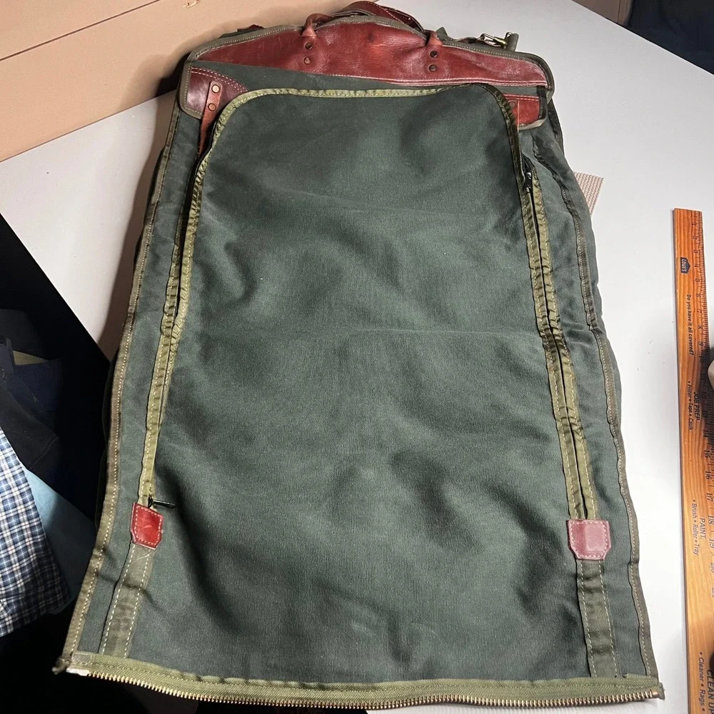 Orvis Garment Bag Vintage Canvas Leather Trim Olive Green Brown Travel Suit Bag